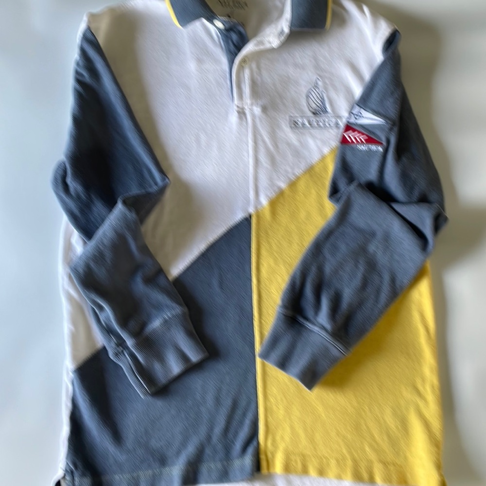 Nautica Polo Mens size Medium slim fit , Heritage Long Sleeve yellow/blue/white.